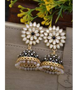 Gold-Plated Black Meenakari Jhumka Earrings with Crystal Work