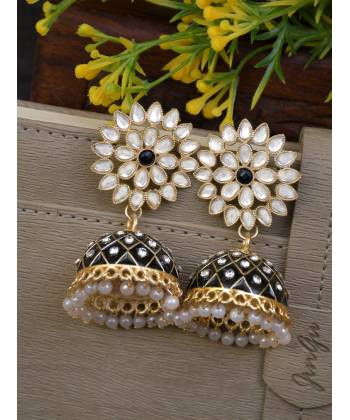 Gold-Plated Black Meenakari Jhumka Earrings with Crystal Work