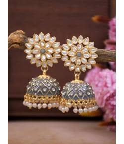 Gold-Plated Grey Meenakari Jhumka Earrings with Crystal Work