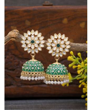 Gold-Plated Green Meenakari Jhumka Earrings with Crystal Work