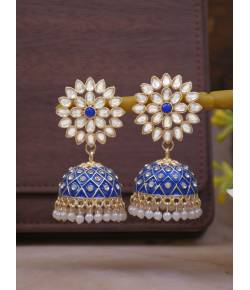 Gold-Plated Royal Blue Meenakari Jhumka Earrings with Crystal Work