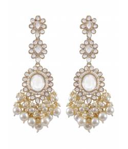Traditional White Pearl Kundan Dangler Earrings for Wedding and Party