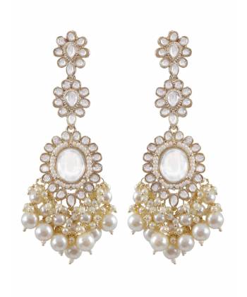 Traditional White Pearl Kundan Dangler Earrings for Wedding and Party