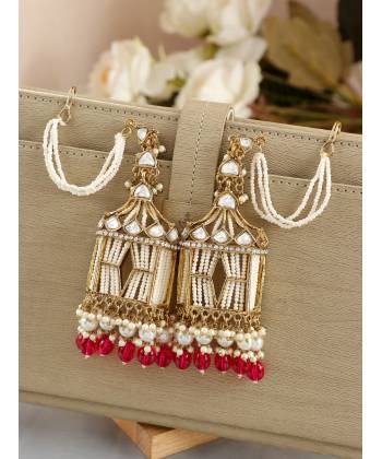 Stylish Rani Pink Pearl Drops Doli-Palki Kundan Earrings With Ear Chain