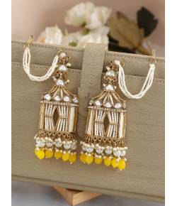 Stylish Yellow Pearls Doli-Palki Kundan Studded Earrings With