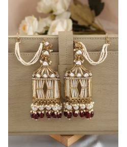 Stylish Wine Red Pearls Doli-Palki Kundan Earrings With Ear Chain