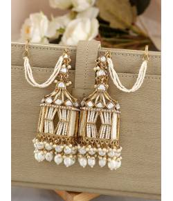 tylish White Pearls Doli-Palki Kundan Earrings With Ear Chain