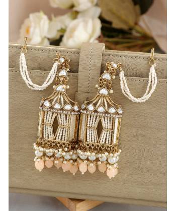 Stylish Peach Pearls Doli-Palki Kundan Earrings With Ear Chain