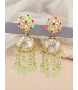 Mint Green Floral Meenakari Jhumka Earrings for Women &