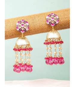 Marshala Pink Floral Meenakari Jhumka Earrings With Pearl