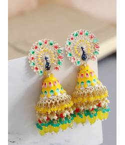 Yellow Meenakari Peacock Jhumka Earrings For Haldi