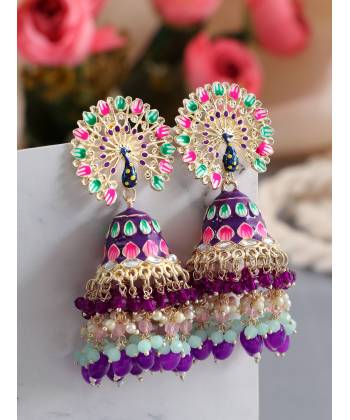 Purple Meenakari Work Peacock Jhumka Earrings for Women &