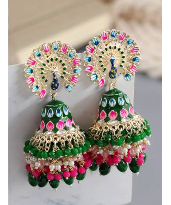 Green-Pink Meenakari Peacock Jhumka Earrings for Women &