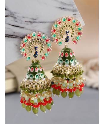 Mehndi Green Meenakari Peacock Jhumka Earrings for