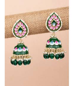 Green Meenakari Party Wear Jhumka Earrings For Women
