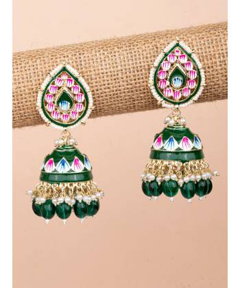 Green Meenakari Party Wear Jhumka Earrings For Women