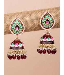 Maroon Meenakari Work Floral Jhumka Earrings for Women