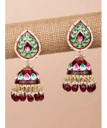 Maroon Meenakari Work Floral Jhumka Earrings for Women