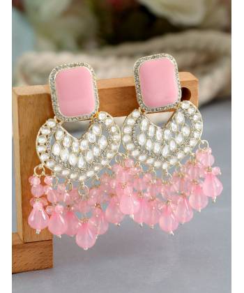 Kundan Studded Pink Drops Long Party Wear Earrings