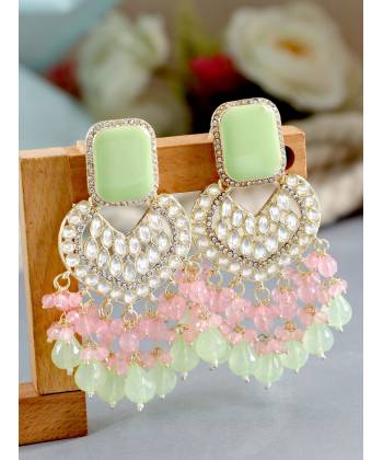Kundan Studded Pink & Mint Green Drop Earrings for Women