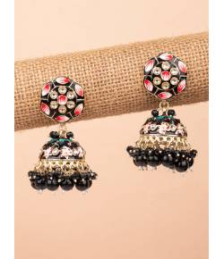 Black Floral Meenakari Jhumka Earrings for Women and Girls