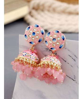Baby Pink Floral Meenakari Jhumka Earrings for Women