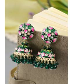Green Meenakari Jhumka Earrings For Festivals & Parties