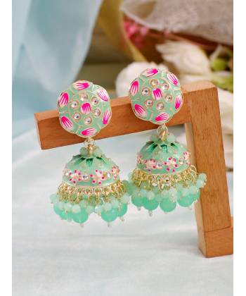 Stylish Mint Green Meenakari Jhumka Earrings For Women &