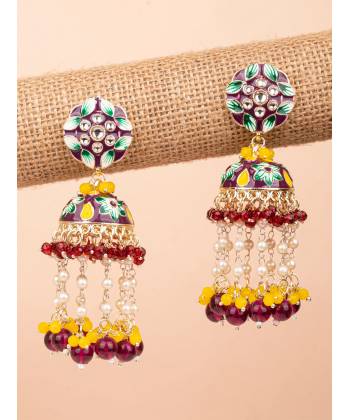 Stylish Maroon Meenakari Party Wear Floral Jhumka Earrings for