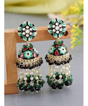 Fashionable Black Meenakari Floral Jhumka Earrings for 