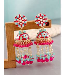 Hot Pink/Magenta Floral Meenakari Jhumka Earrings for 