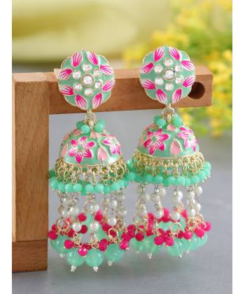 Mint Green Floral Meenakari Jhumka Earrings for Women