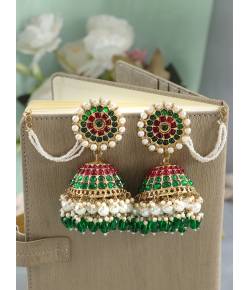 Pink-Green Kundan Studded Wedding Jhumka Earrings for