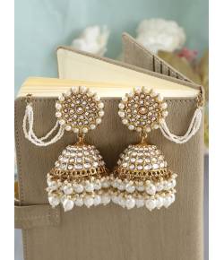 White Pearls Kundan Studded Party Wear Jhumkas for Women