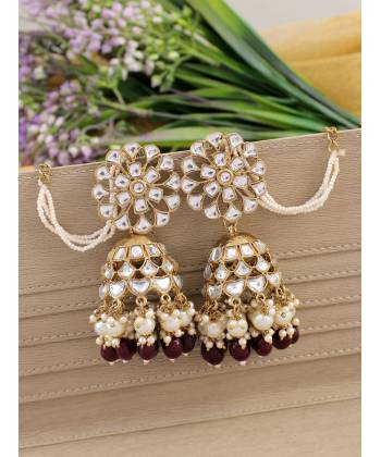 Wine Red Drops Kundan Studded Party Jhumkas for