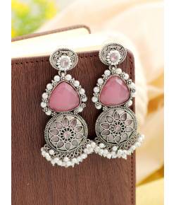 Pink Stone Studded Oxidized Silver Earrings for Girls