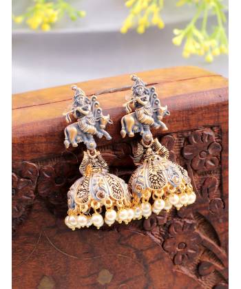 Antique Gold Plated Grey Drops Krishna Jhumka Earrings for
