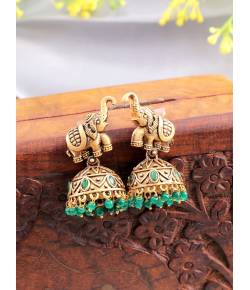 Antique Gold-Plated Green Elephant Jhumka Earrings for