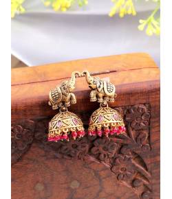 Antique Gold Plated Magenta Drops Elephant Jhumka Earrings