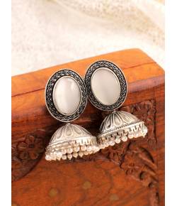 White Stone Oversized Oxidised Silver Jhumka Earrings for