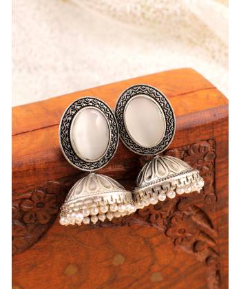 White Stone Oversized Oxidised Silver Jhumka Earrings for