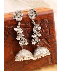 Ethnic Oxidized Silver Long Party Wear Boho Jhumka Earrings for