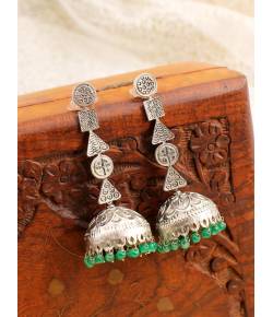 Oxidised Silver Long Party Jhumka Earrings with Green