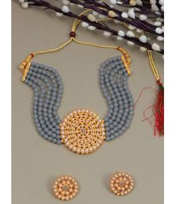 Crunchy Fashion Traditional Gold-Plated Grey Beaded Kundan Choker Jewellery Set RAS0179