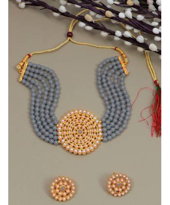 Crunchy Fashion Traditional Gold-Plated Grey Beaded Kundan Choker Jewellery Set RAS0179