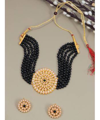Classy Gold-Plated  Black Pearl Kundan Choker Necklace & Earrings Set RAS0190