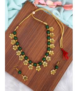 Gold-Plated Dark Green Beads Choker  Necklace & Earring Set  RAS0421