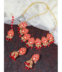 Gold-Plated Kundan Stone Studded Red  Meenakari Jewellery Set RAS0442