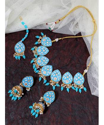 Gold-Plated Kundan Stone Studded Blue Meenakari Jewellery Set RAS0443