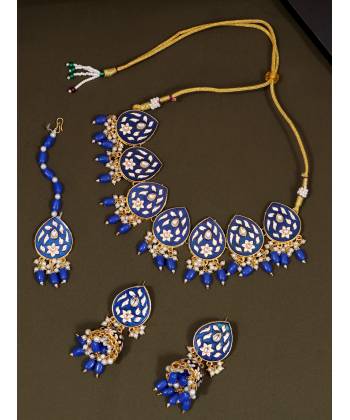 Gold-Plated Kundan Stone Studded Blue  Meenakari Jewellery Set RAS0446